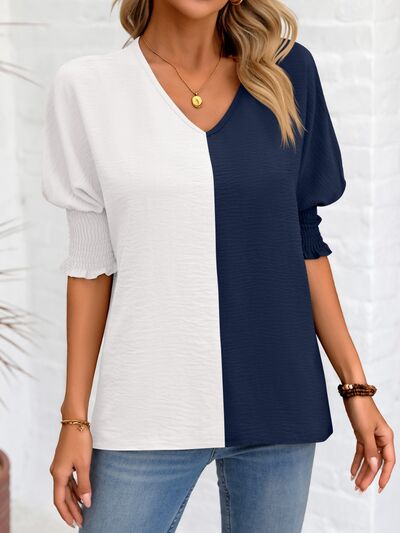 swvws Contrast V-Neck Lantern Sleeve Blouse