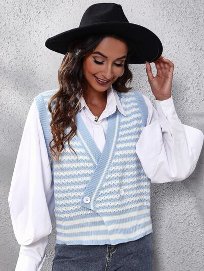 swvws Striped Button Up V-Neck Sweater Vest