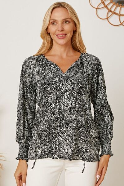 swvws Printed Tie Neck Lantern Sleeve Blouse