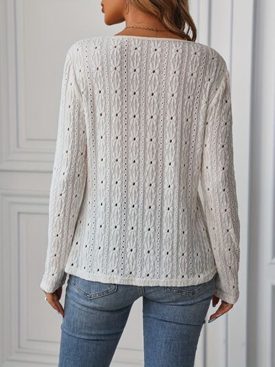 swvws Eyelet Boat Neck Long Sleeve Blouse