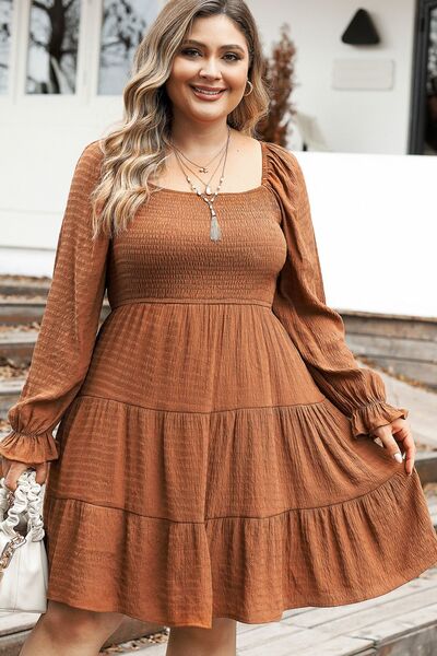 swvws Plus Size Smocked Square Neck Tiered Dress