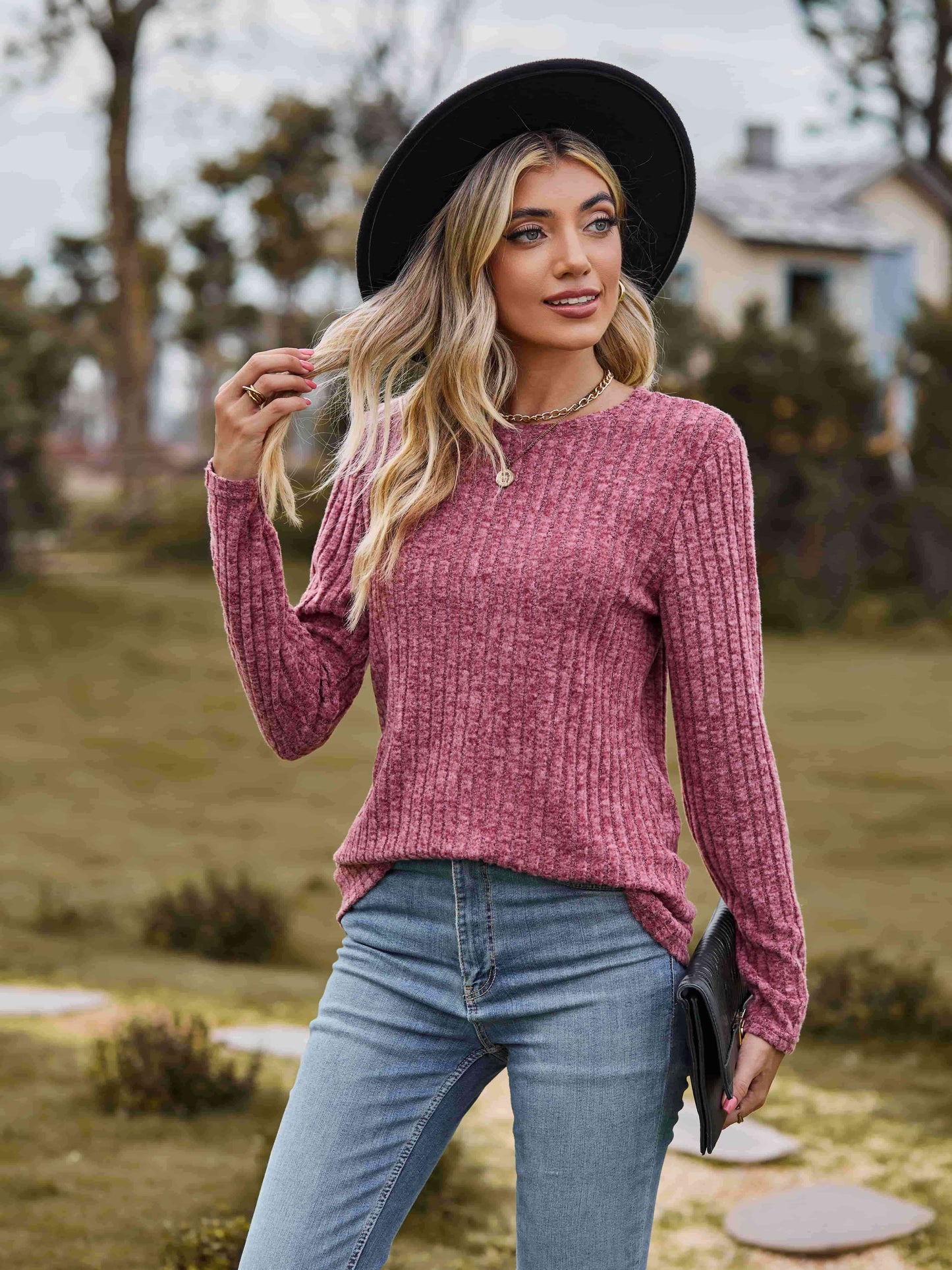 swvws Ribbed Round Neck Long Sleeve Tee