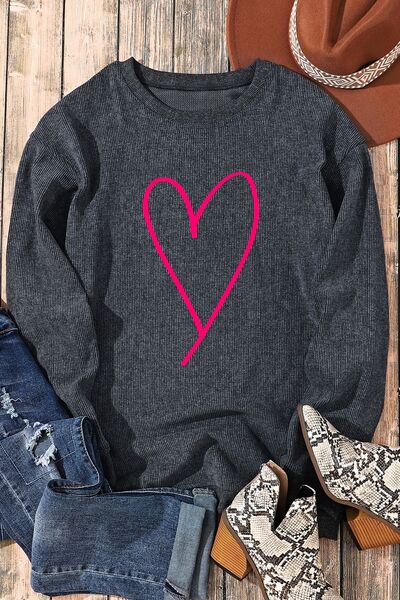 swvws Heart Round Neck Dropped Shoulder Sweatshirt