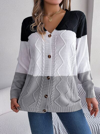 swvws Cable-Knit Striped Button Up Cardigan