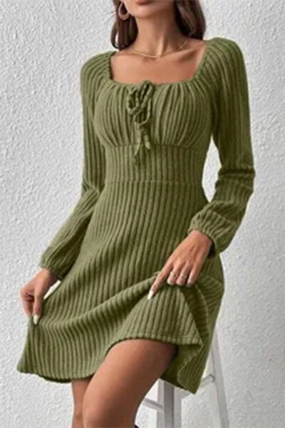 swvws Ribbed Tied Square Neck Long Sleeve Mini Dress