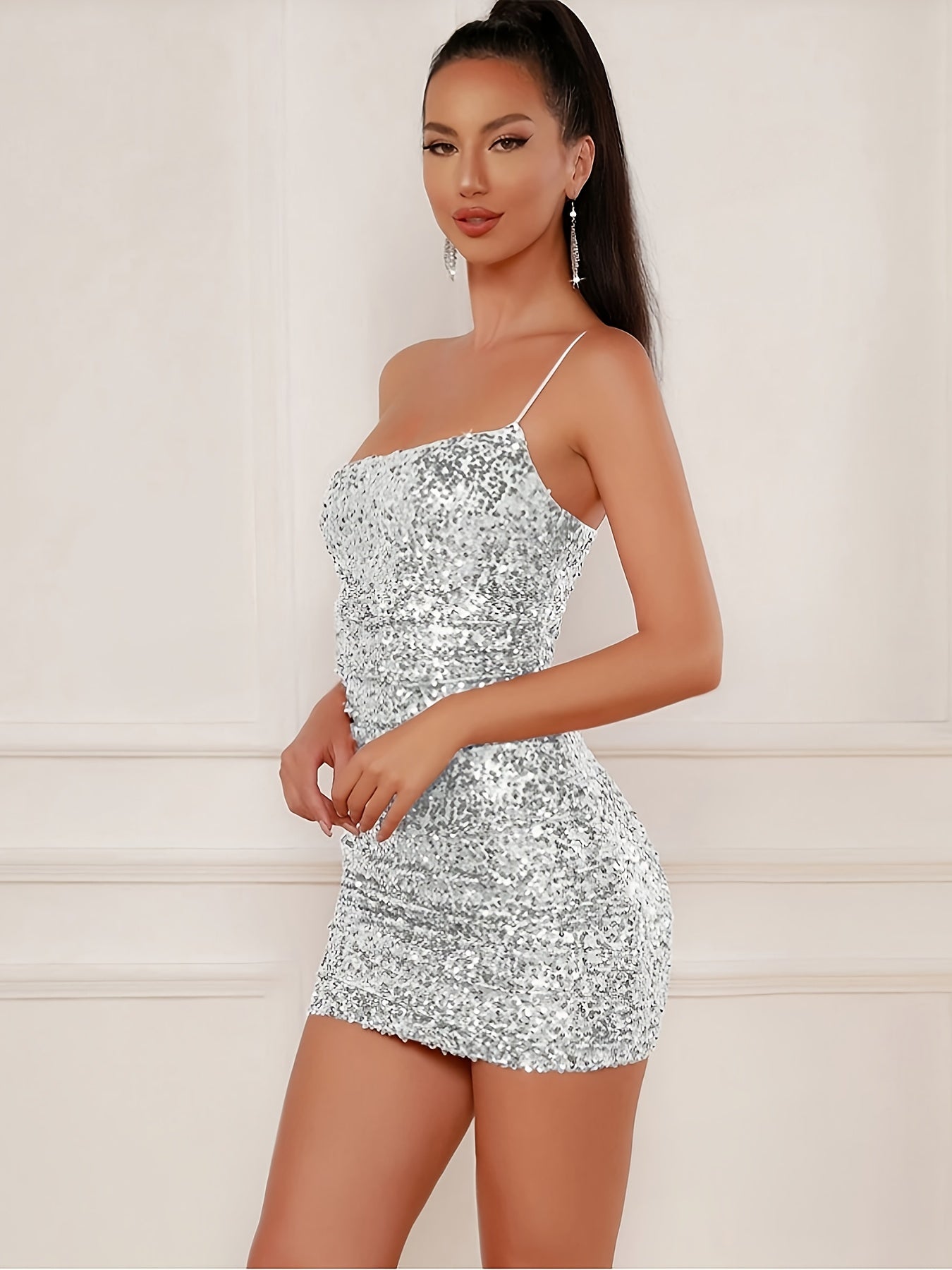 Stunning Sequined One Shoulder Asymmetrical Bodycon Dress - Sleeveless, Elegant, Club-Ready, Party-Perfect - Women's Clothing for Night Out, Formal Events, and Special Occasions