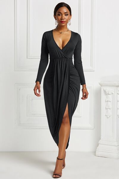 swvws High-low Ruched Surplice Long Sleeve Dress