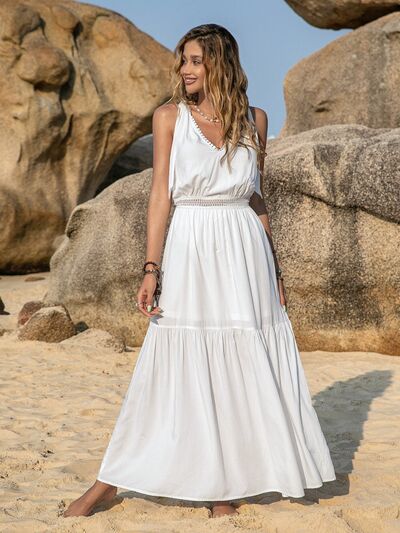 swvws V-Neck Tie Shoulder Crochet Maxi Dress