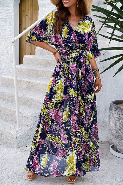 swvws Printed Tied Half Sleeve Slit Dress