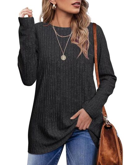 swvws Ribbed Round Neck Long Sleeve Blouse