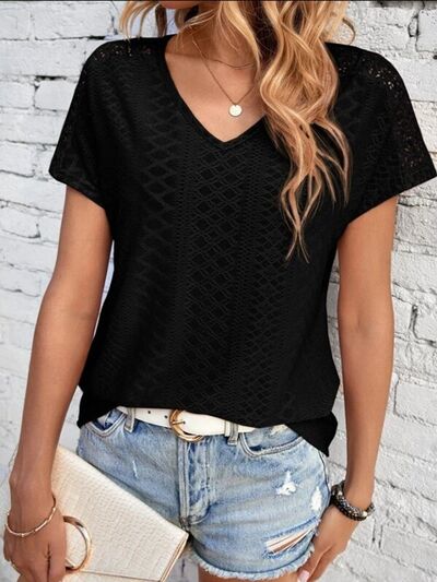 swvws Eyelet V-Neck Short Sleeve T-Shirt