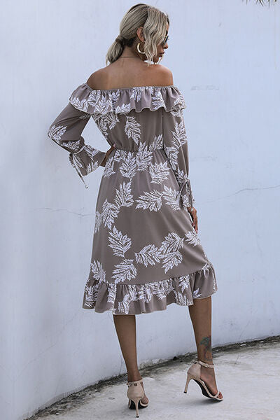 swvws Ruffled Printed Off-Shoulder Midi Dress