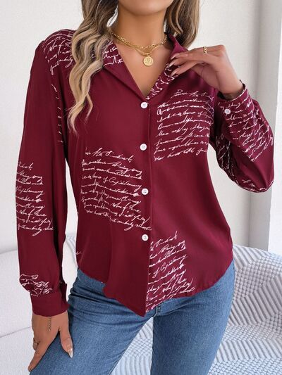 swvws Letter Printed Button Up Long Sleeve Blouse