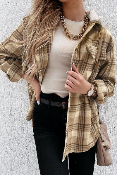 swvws Plaid Button Up Hooded Jacket with Pockets