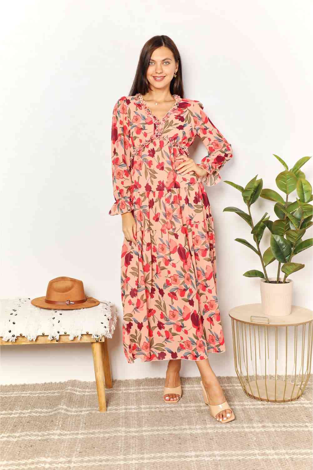 swvws Double Take Floral Frill Trim Flounce Sleeve Plunge Maxi Dress