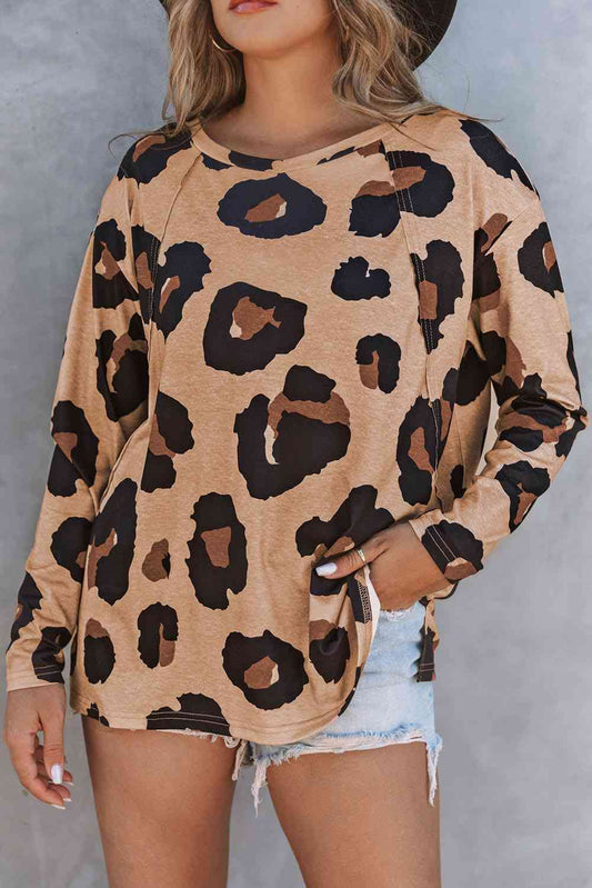 swvws Full Size Leopard Print Round Neck Long Sleeve Tee