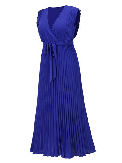 swvws Tied Surplice Cap Sleeve Pleated Dress