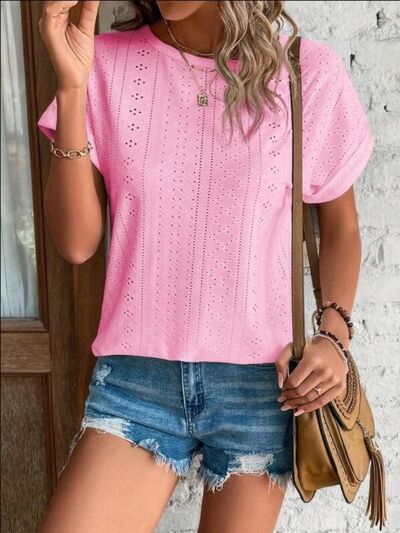 swvws Eyelet Round Neck Short Sleeve T-Shirt