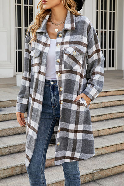 swvws Plaid Button Up Collared Neck Coat with Pockets