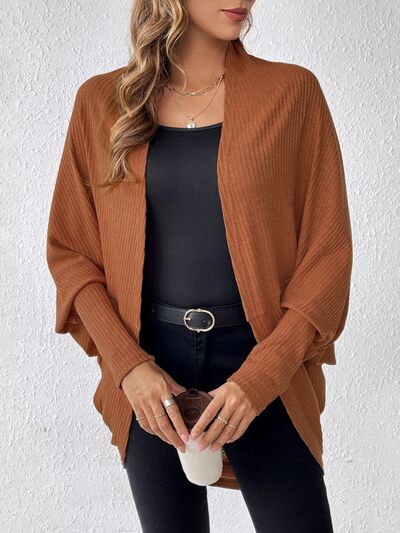 swvws Ribbed Open Front Lantern Sleeve Cocoon Cardigan