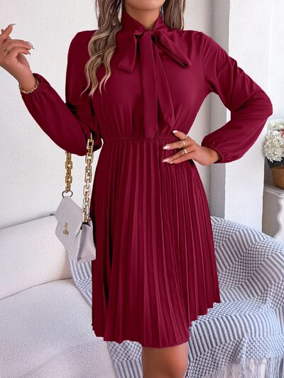 swvws Tie Neck Balloon Sleeve Pleated Dress