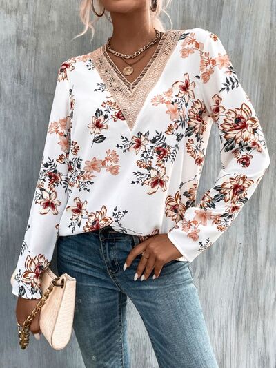 swvws Printed V-Neck Long Sleeve Blouse