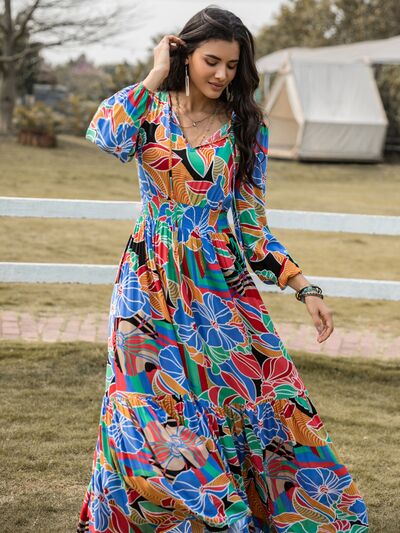 swvws Printed Smocked Tie Neck Balloon Sleeve Maxi Dress