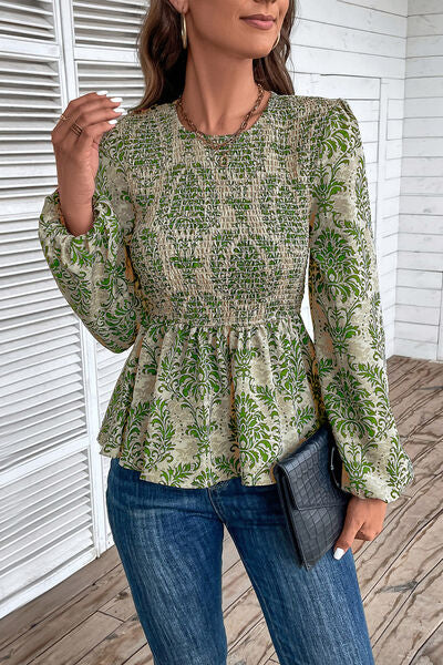 swvws Smocked Printed Balloon Sleeve Blouse