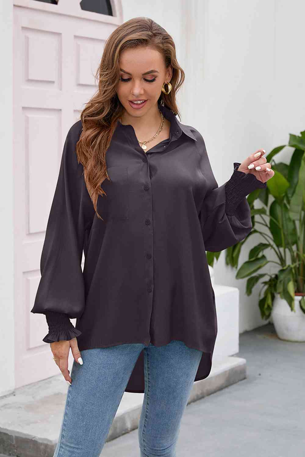 swvws High-Low Collared Neck Lantern Sleeve Shirt