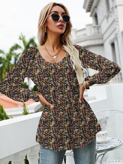 swvws Printed Scoop Neck Lantern Sleeve Blouse