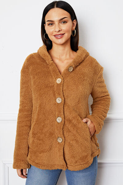 swvws Fuzzy Button Up Hooded Outerwear