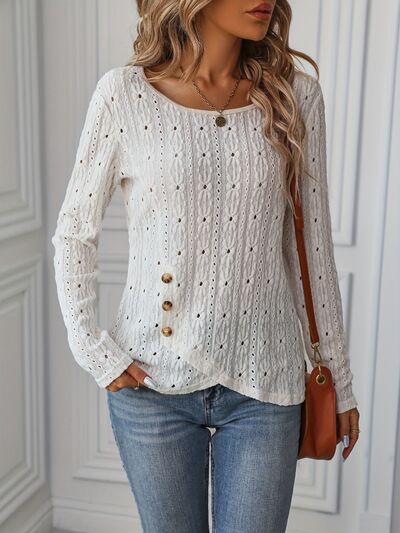 swvws Eyelet Boat Neck Long Sleeve Blouse