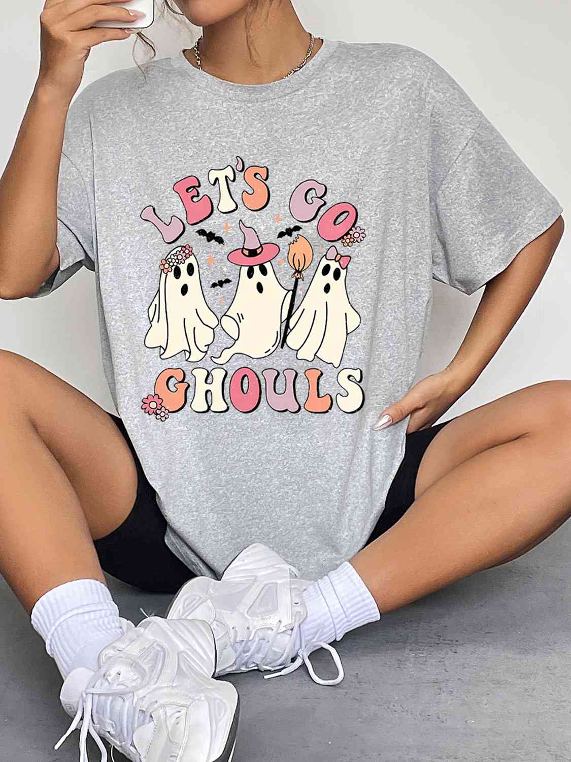 swvws Round Neck Short Sleeve LET'S GO GHOULS Graphic T-Shirt