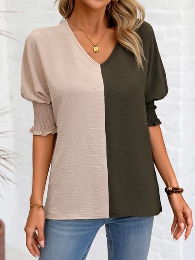 swvws Contrast V-Neck Lantern Sleeve Blouse