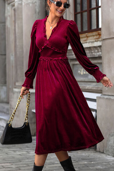 swvws Smocked Lantern Sleeve Midi Dress