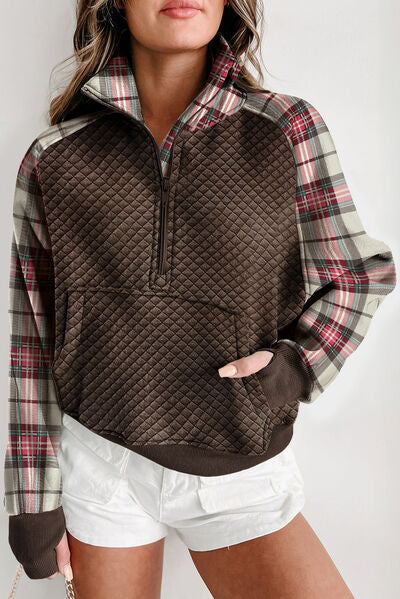 swvws Plaid Half Zip Kangaroo Pocket Sweatshirt