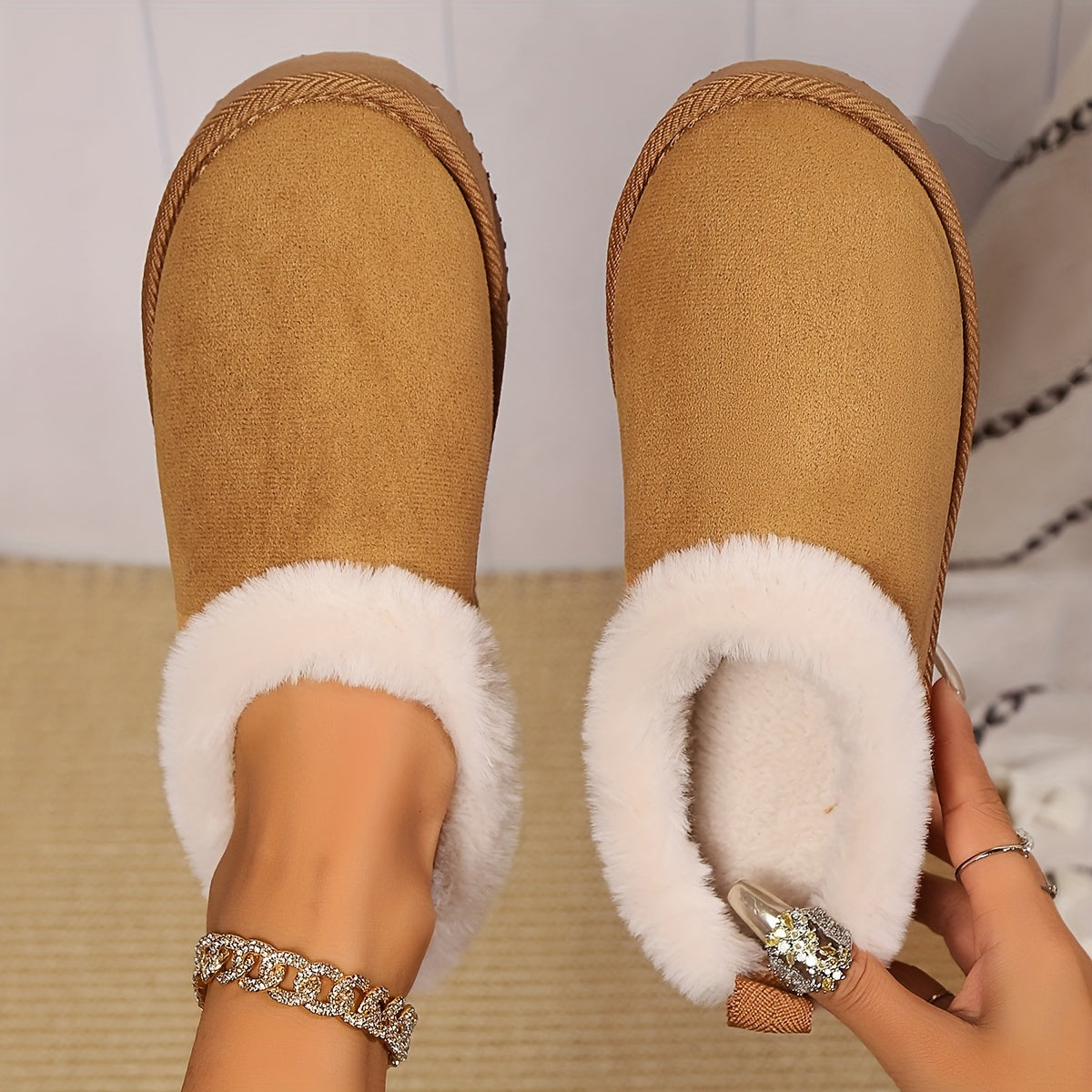 Women's Plush Lined Warm Slippers, Comfortable Winter Snow Shoes, Closed Toe Slip On Backless Indoor Outdoor Slippers