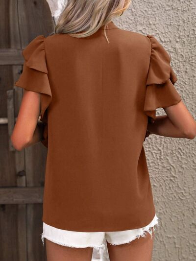 swvws Ruffled Notched Short Sleeve Blouse