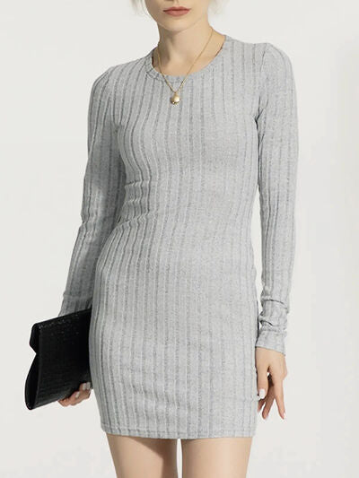 swvws Ribbed Round Neck Long Sleeve Slim Dress