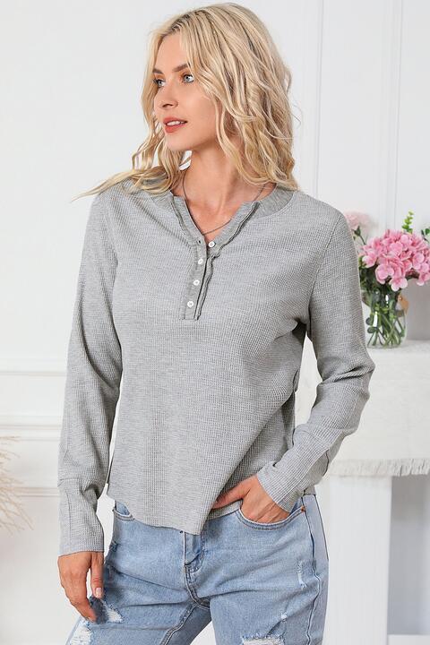 swvws Waffle Knit Buttoned Notched Neck Long Sleeve T-Shirt