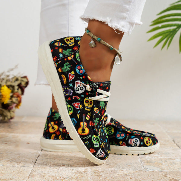 swvws - Black Casual Patchwork Printing Round Comfortable Shoes