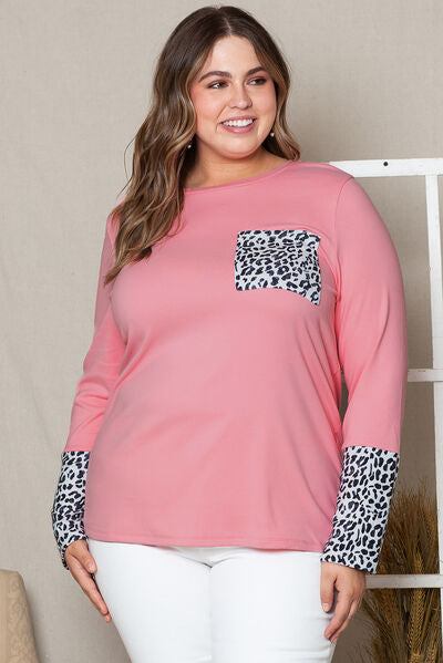 swvws Plus Size Leopard Round Neck Long Sleeve T-Shirt