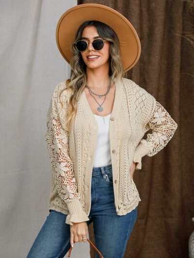 swvws Eyelet Button Up Lantern Sleeve Cardigan