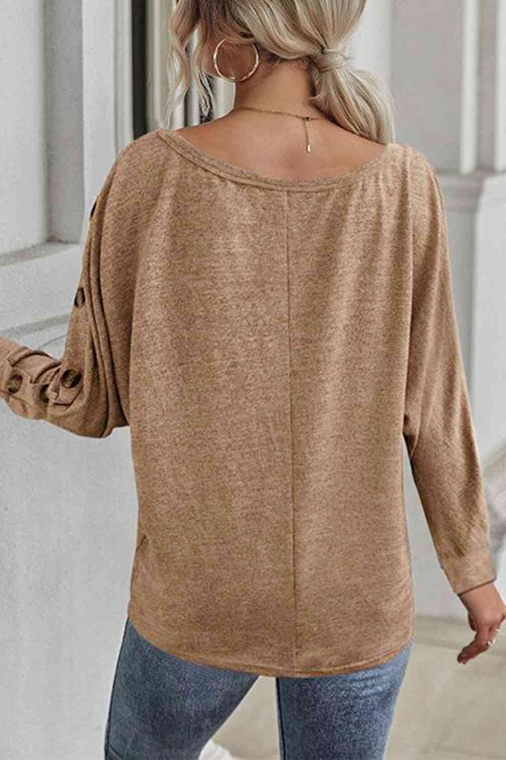 swvws Boat Neck Buttoned Long Sleeve T-Shirt