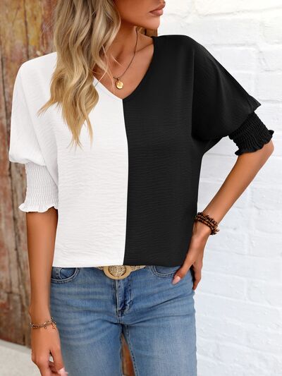 swvws Contrast V-Neck Lantern Sleeve Blouse