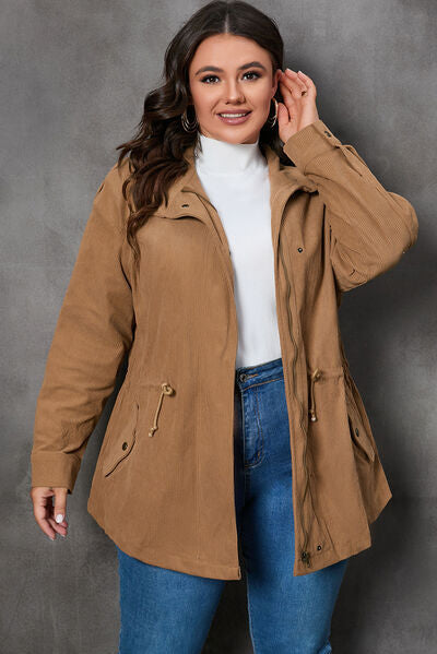 swvws Plus Size Zipper and Snap Down Drawstring Jacket