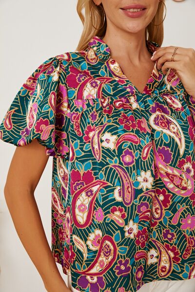 swvws Floral Collared Neck Short Sleeve Blouse