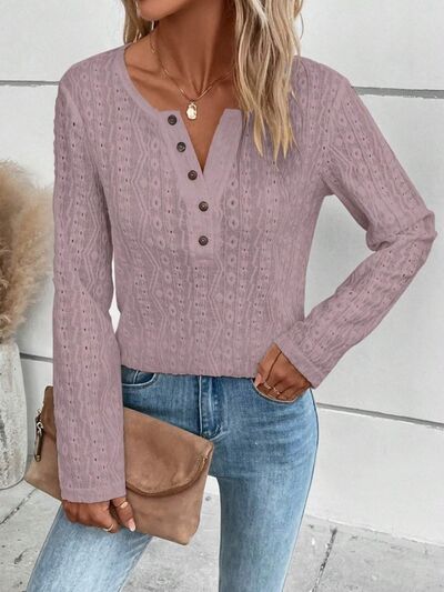 swvws Openwork Half Button Long Sleeve Blouse