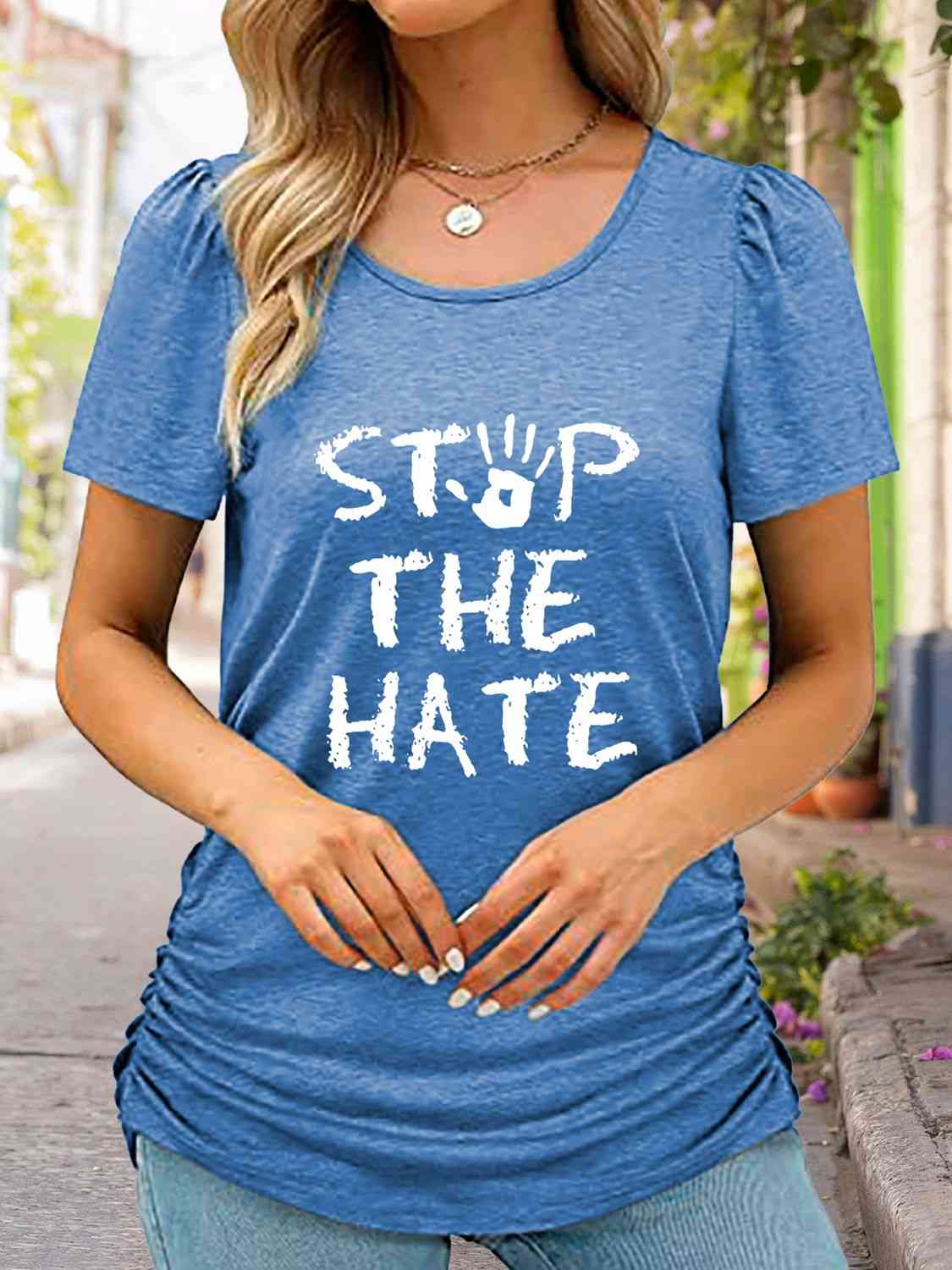 swvws Round Neck Short Sleeve STOP THE HATE Graphic T-Shirt