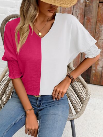 swvws Contrast V-Neck Lantern Sleeve Blouse